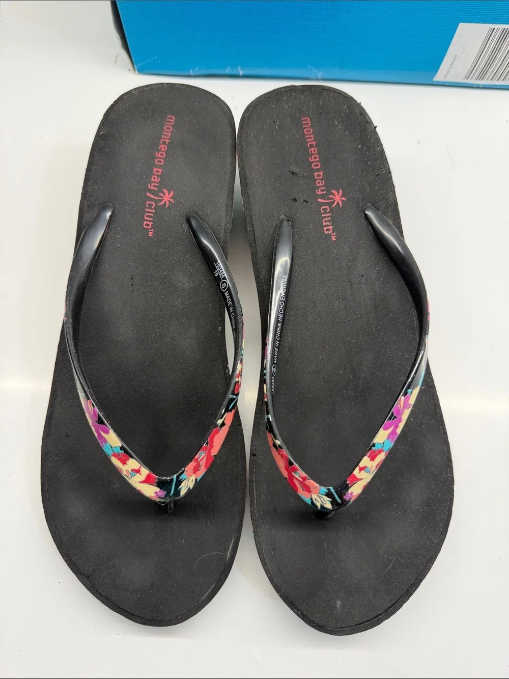 Montego Bay Club Black Wedge Flip Flops with Multicolor Floral Print